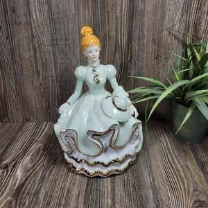 Vintage Porcelain Southern Belle Figurine Music Box Mint Green Ode to Joy